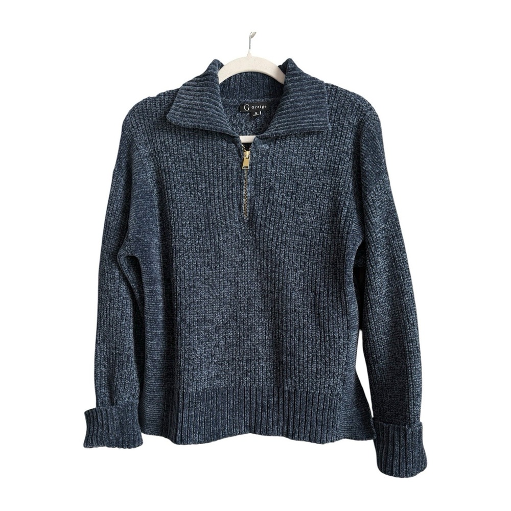 GREIGE Shaker Rib Knit Quarter Zip Sweater Navy Blue Chunky Cuffed Small Preppy